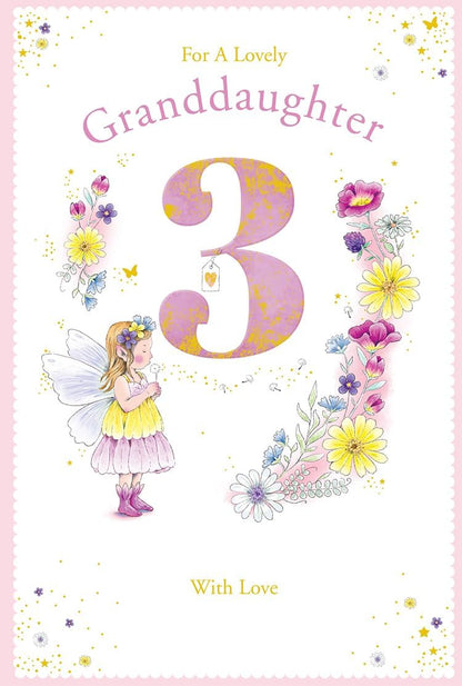 Front of Kingfisher granddaughter 3rd birthday card with fairy, flowers and pink number 3