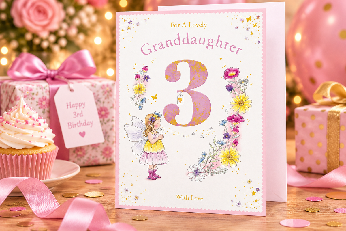 Lifestyle photo of Kingfisher granddaughter age three birthday card with presents and cupcake