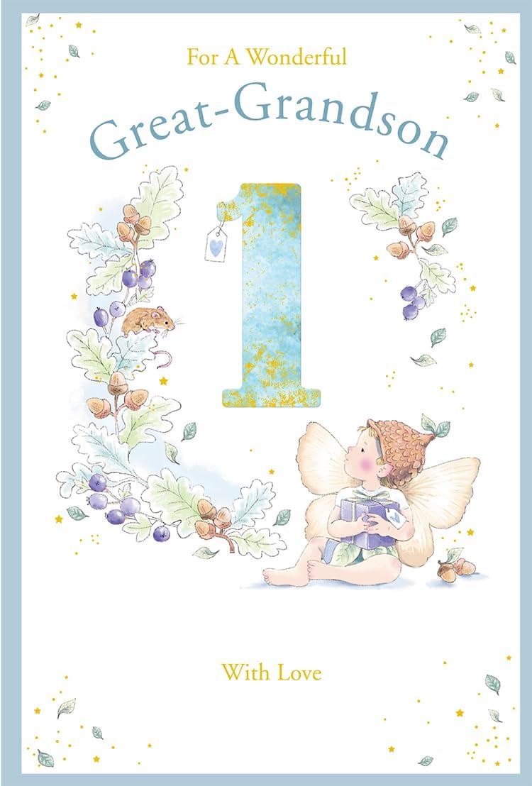 Kingfisher great-grandson first birthday card with large blue number one and fairy