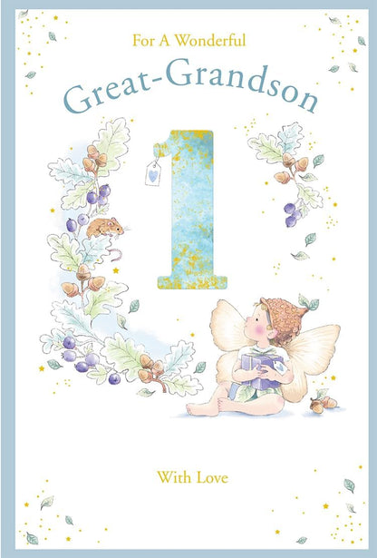 Kingfisher great-grandson first birthday card with large blue number one and fairy