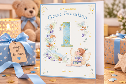 Kingfisher great-grandson 1st birthday card styled beside teddy bear and blue gifts