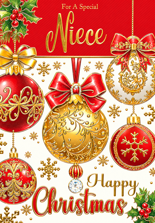 Special Niece Christmas greeting card gold foil baubles bows holly and snowflakes