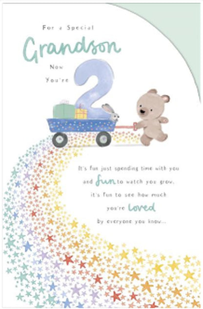 Grandson 2nd birthday card by Gibson-Davay with blue number two teddy bear presents and stars