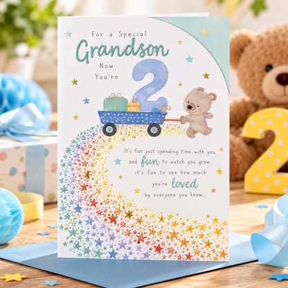 Gibson-Davay Grandson 2nd birthday card in a birthday celebration setting with gifts and teddy bear