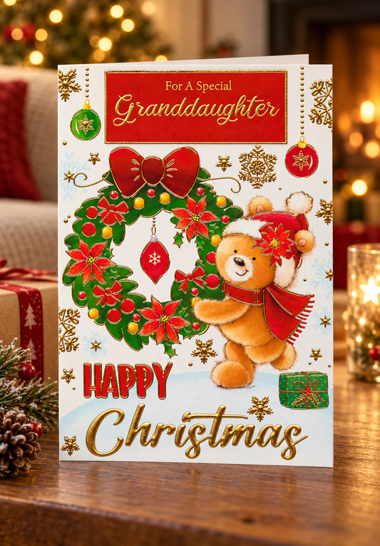 Christmas lifestyle photo of a Granddaughter Christmas card with a teddy bear, wreath and gold foil