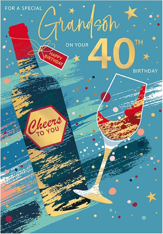 This Grandson 40th Birthday Card - Foiled and Patterned Red Wine Bottle Design Multi-Coloured is a Greeting Card priced at £ 3.49 from Made To Be Treasured range. Produced by Words 'n' Wishes for excellent quality