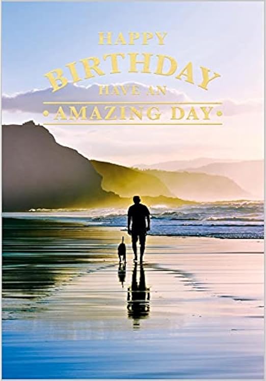 Abacus Cards General Male 'Happy Birthday' Card - 'Man Walking Dog on Tranquil Beach' - Foil and Embossed Finish - for Him - The Graphite Range