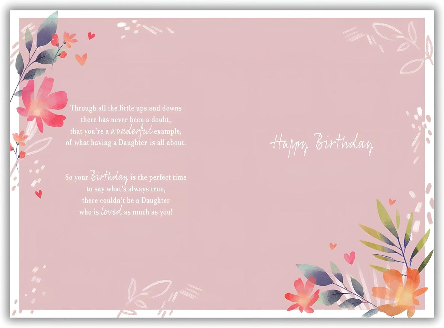 Daughter birthday card interior showing heartfelt message about wonderful daughter example with watercolor floral border on pink background
