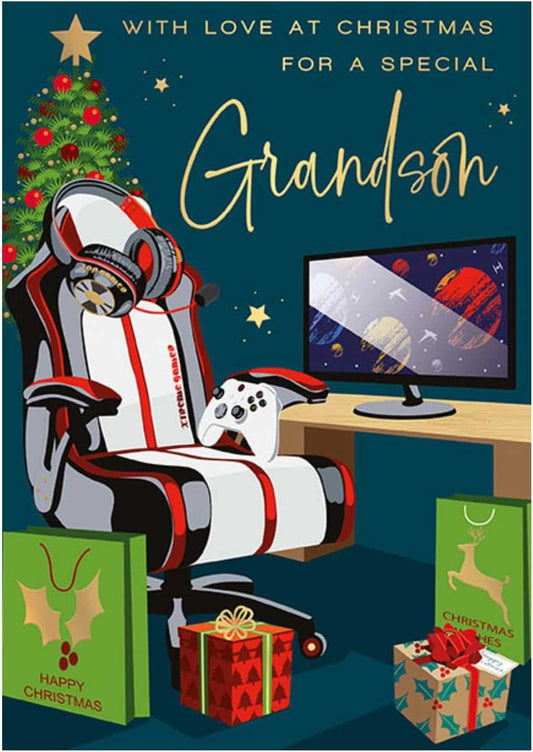 Grandson Christmas Card – Gaming Chair & Festive Design Words & Wishes Made To Be Treasured