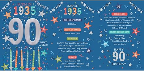 90th birthday card with colorful stars, candles, and text on a blue background