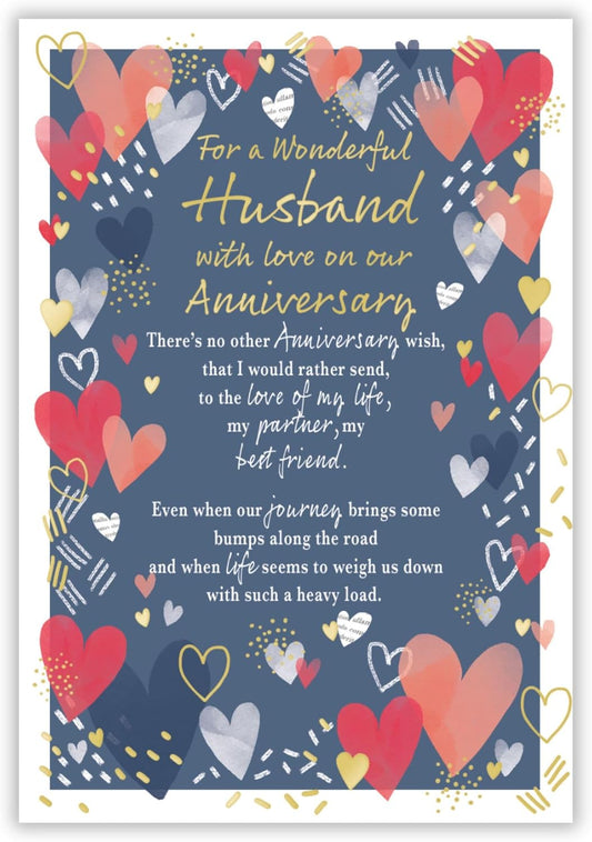 This Husband Anniversary Card - Navy Blue with Colorful Hearts and Gold Foil is a Greeting & Note Cards priced at £ 3.95 from Made To Be Treasured range. Produced by ICG for excellent quality