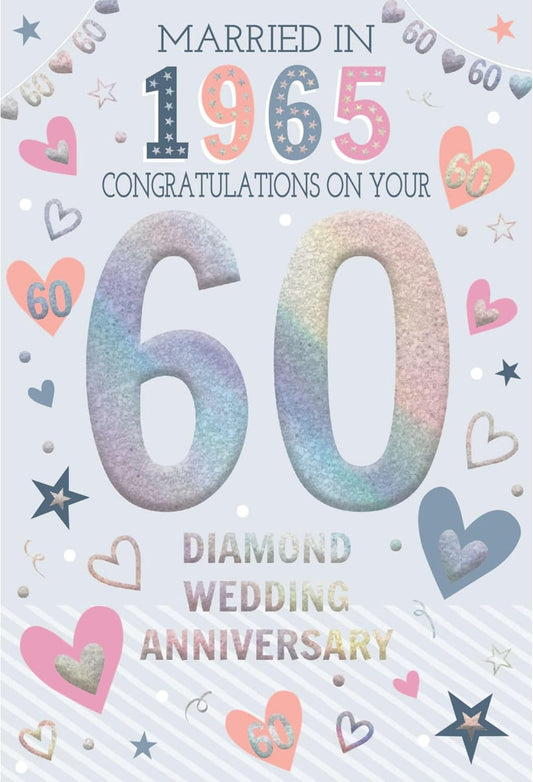 This 60th Diamond Wedding Anniversary Card - Married in 1965 - Tri-fold Greeting Card with Nostalgic Facts is a Greeting & Note Cards priced at £ 3.39 from Made To Be Treasured range. Produced by ICG for excellent quality