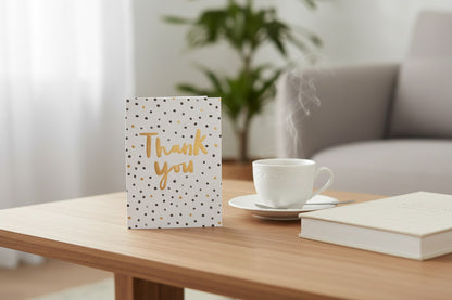 Pack of 10 Thank You Cards with Envelopes – Gold & Black Spot Design