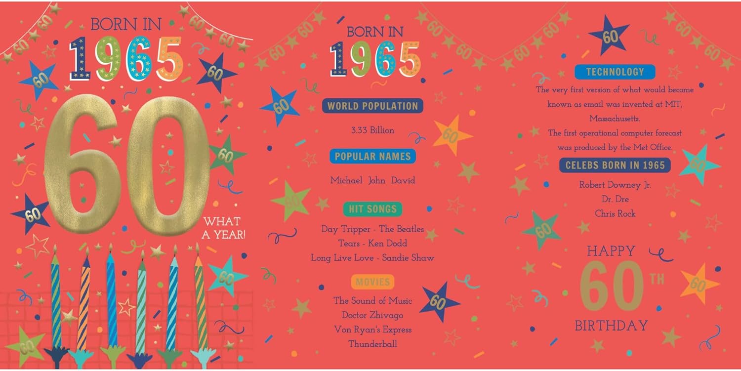 60th birthday card trifold interior showing 1965 facts including sports, average costs, new cars, and random facts with decorative stars and confetti
