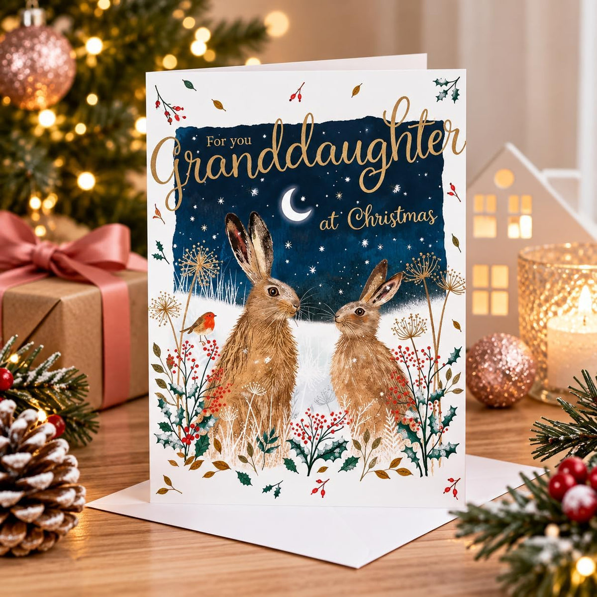 Additional festive photograph of Granddaughter Christmas card with hares and gold lettering