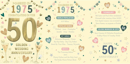 IC&G tri-fold card inside spread featuring 1975 facts including world population, popular names, hit songs, movies, technology innovations, sports results and historical events from 1975
