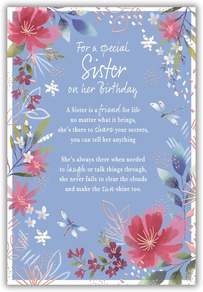 This Sister Birthday Card - Blue Floral with Pink Cosmos and Dragonflies is a Greeting & Note Cards priced at £ 3.99 from Made To Be Treasured range. Produced by ICG for excellent quality