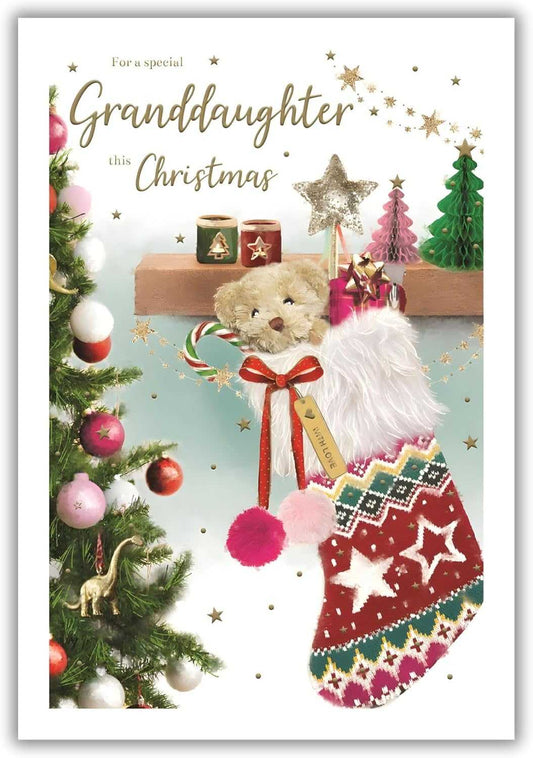 Granddaughter Christmas Card – Cute Teddy Bear & Stocking Festive Greeting ICG Made To Be Treasured