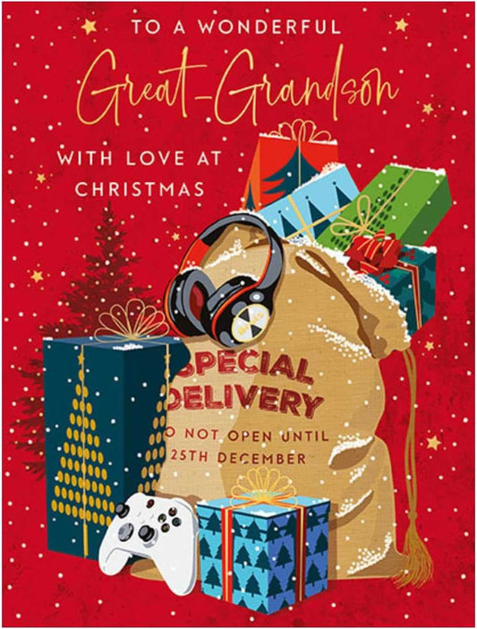 Great-Grandson Christmas Card – Special Delivery Festive Design Words & Wishes Made To Be Treasured