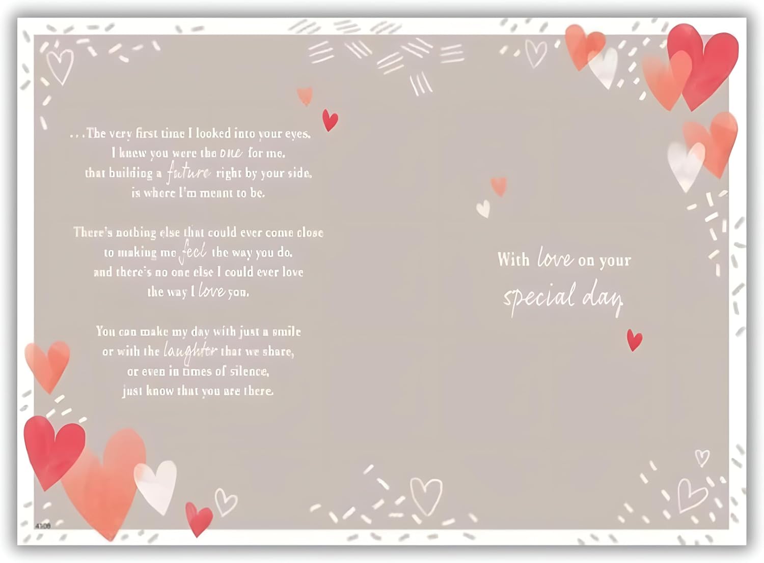 "Inside of romantic birthday card showing heartfelt love poem with decorative hearts border and 'With love on your special day' message on grey background"
