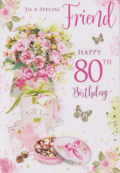 80th Birthday Card for a Special Friend – Floral Pink Birthday Card
