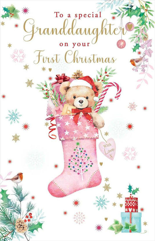 Granddaughter’s First Christmas Card – Cute Teddy in Stocking Design Nigel Quinney Made To Be Treasured
