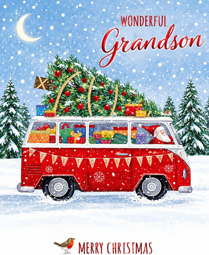 Front of Wonderful Grandson Merry Christmas card by Otter House featuring red campervan