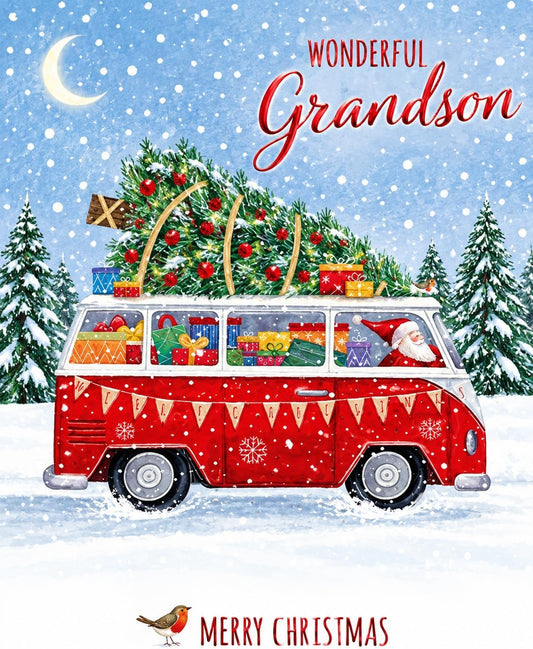 Front of Wonderful Grandson Merry Christmas card by Otter House featuring red campervan