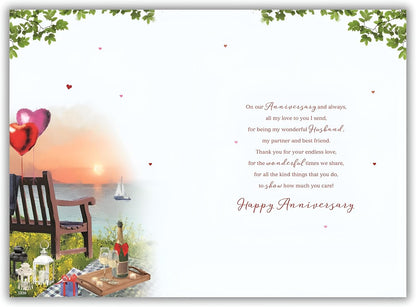 Husband Anniversary Card - Romantic Sunset Scene with Heart Balloons