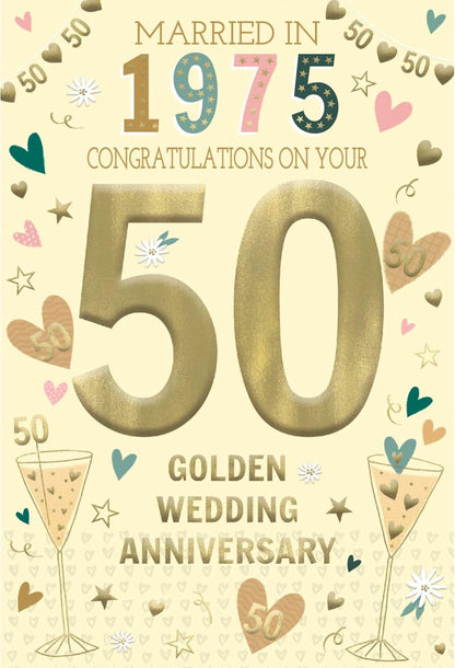 This IC&G 50th Golden Wedding Anniversary Card Married in 1975 - Tri-Fold Nostalgic Facts is a Greeting & Note Cards priced at £ 3.39 from Made To Be Treasured range. Produced by ICG for excellent quality
