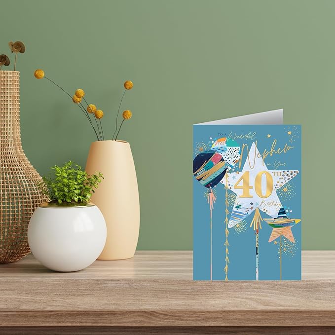 Nephew 40th Birthday Card – Gold Foil Balloons & Green