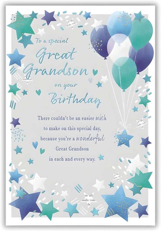 This IC&G Great Grandson Birthday Card - Stars and Balloons Celebration Design is a Greeting & Note Cards priced at £ 3.39 from Made To Be Treasured range. Produced by ICG for excellent quality
