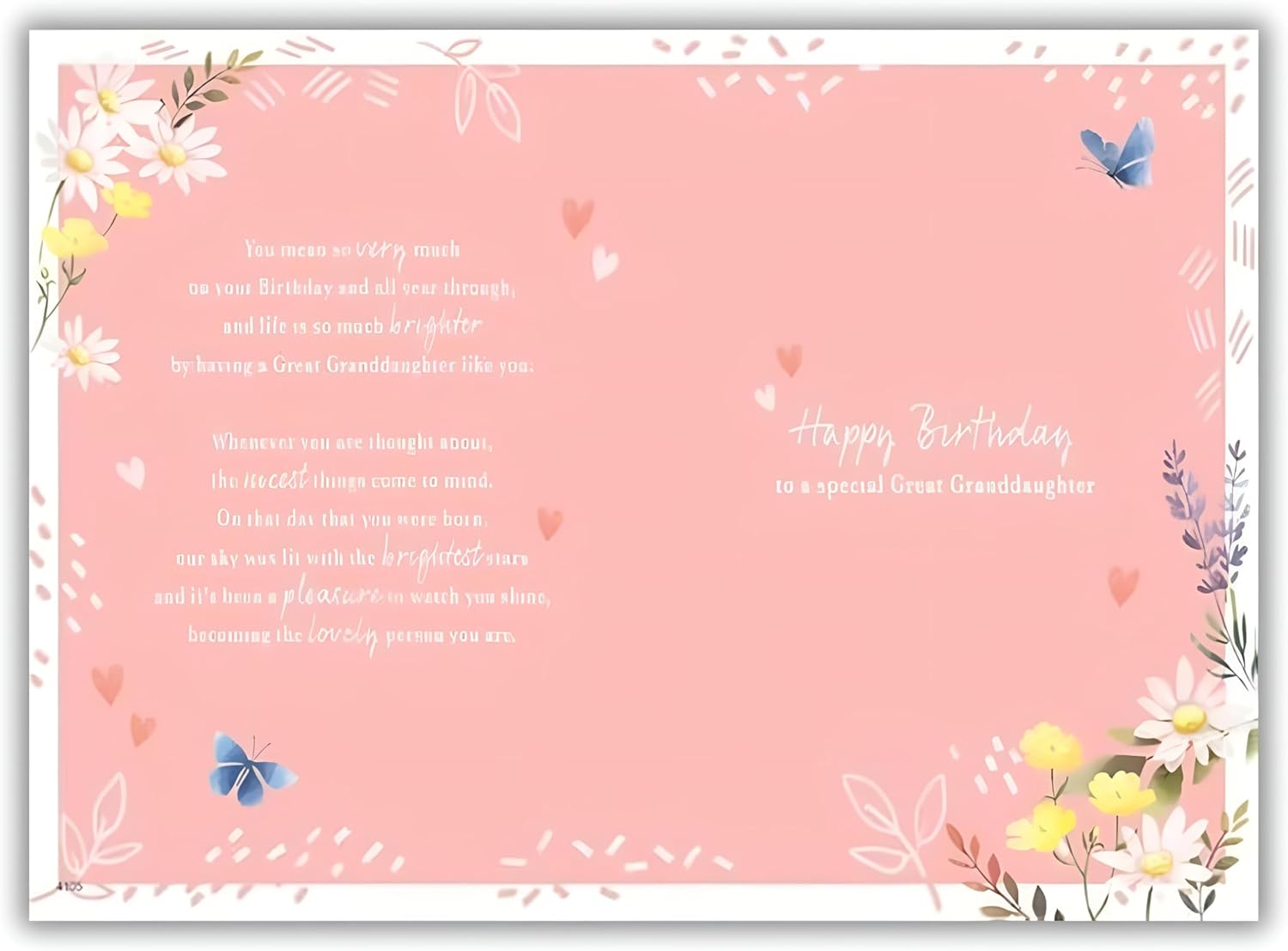 Great granddaughter birthday card interior showing heartfelt message about brightening life with daisy and butterfly border design on pink background

