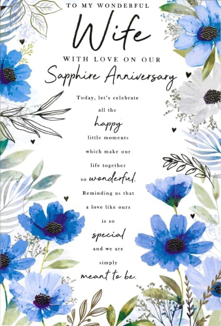 Front of Nigel Quiney Sapphire Anniversary card for Wife with blue flowers