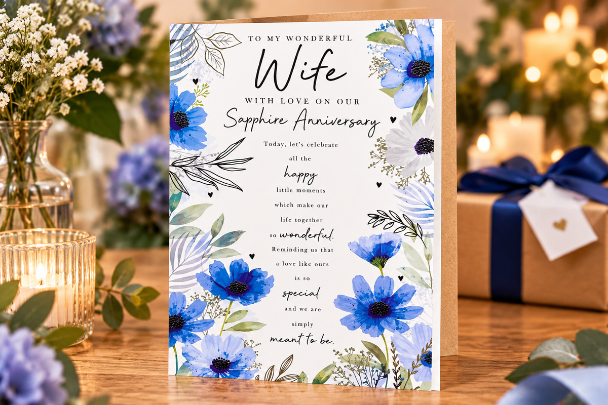 Sapphire Anniversary card for Wife displayed on a table with flowers and candles