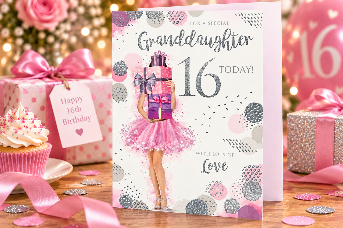 Kingfisher granddaughter 16th birthday card displayed with pink presents, cupcake and birthday decorations