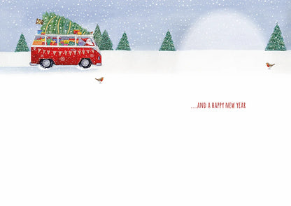 Inside of Grandson Christmas card with red campervan and Happy New Year greeting