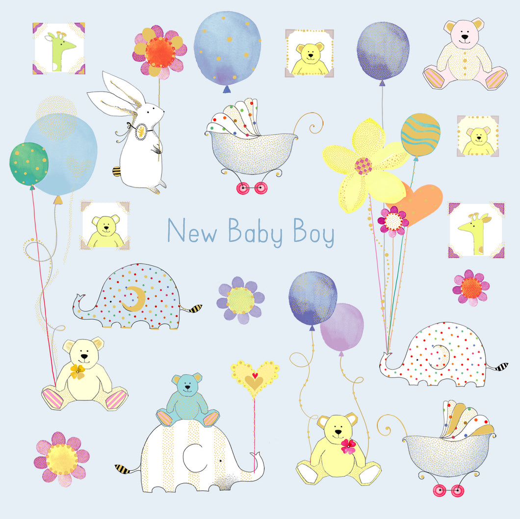 New Baby Boy - Illustrated baby Theme - Greeting Card - Blank Inside