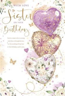 Nigel Quiney sister birthday card front with three purple and gold heart balloons