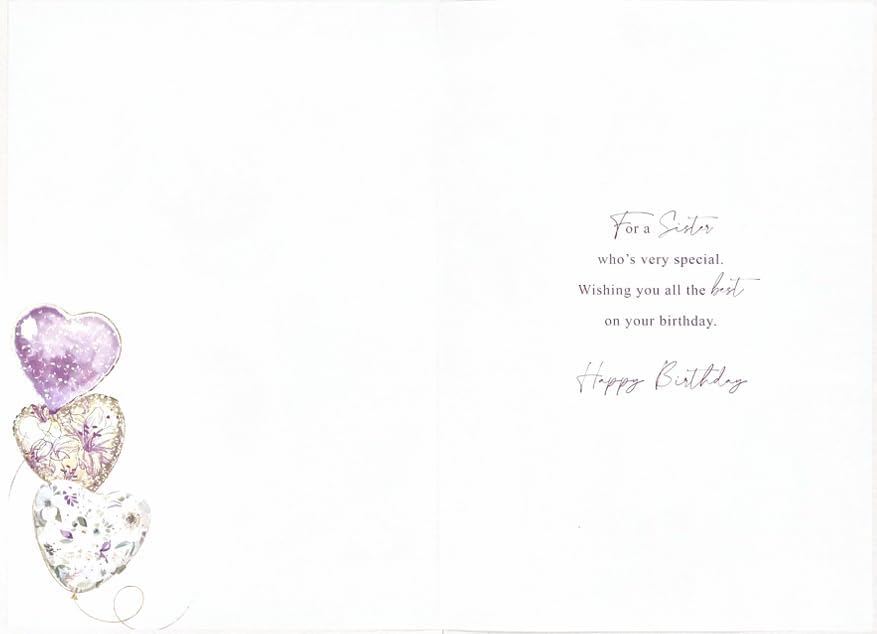 Inside Sister birthday card with printed message and purple heart balloons