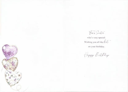 Inside Sister birthday card with printed message and purple heart balloons