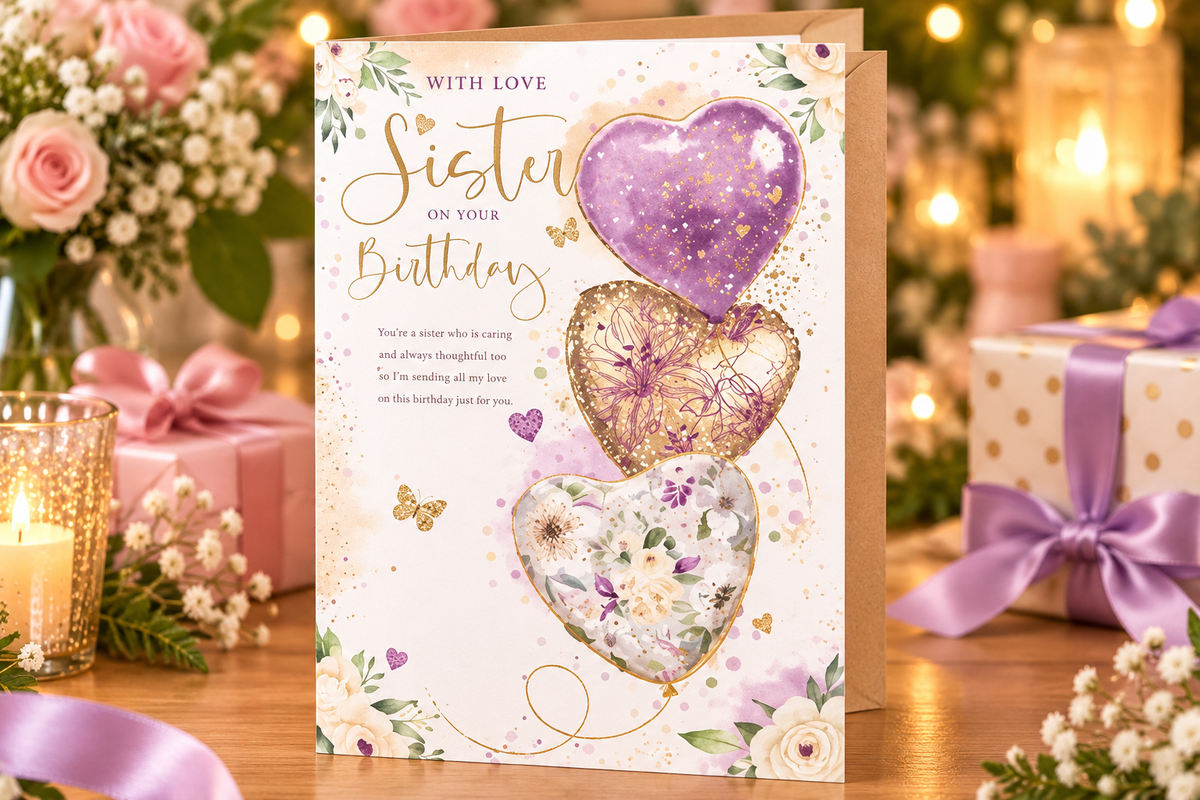 Nigel Quiney Sister birthday greeting card displayed with pink flowers, candles and wrapped gifts
