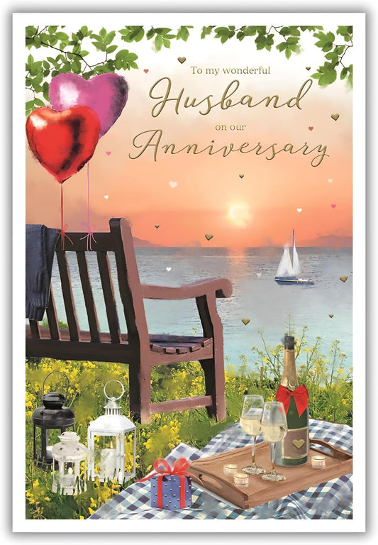 This Husband Anniversary Card - Romantic Sunset Scene with Heart Balloons is a Greeting & Note Cards priced at £ 2.99 from Made To Be Treasured range. Produced by ICG for excellent quality