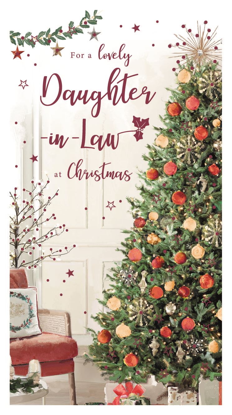 Daughter-in-Law Christmas Card - Red and Gold Christmas Tree Embossed with Foil and Flitter Details