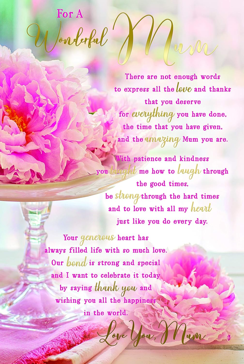 Wonderful Mum Birthday Card – Pink Floral Sentimental Verse