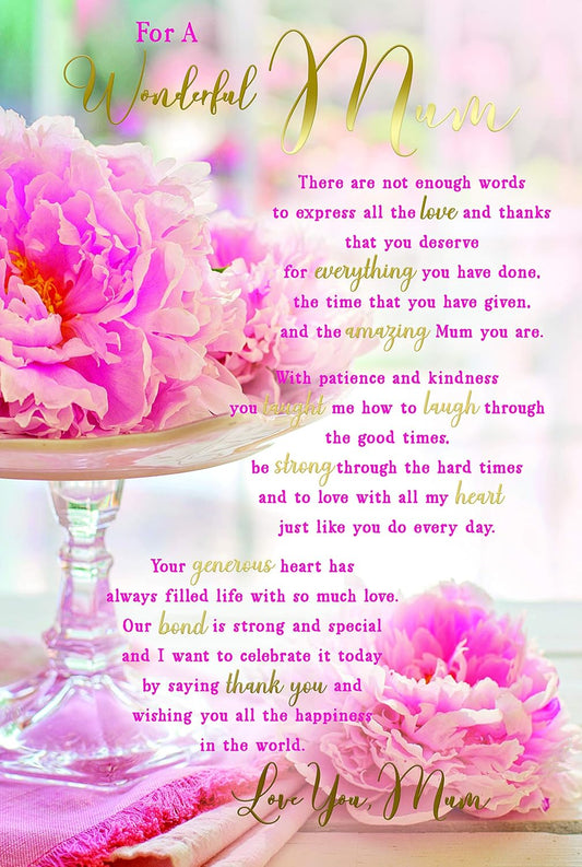 Wonderful Mum Birthday Card – Pink Floral Sentimental Verse