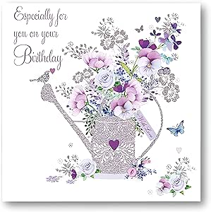 Female Birthday Card - General Card for Women Girls - Floral Watering Can with Foil Details