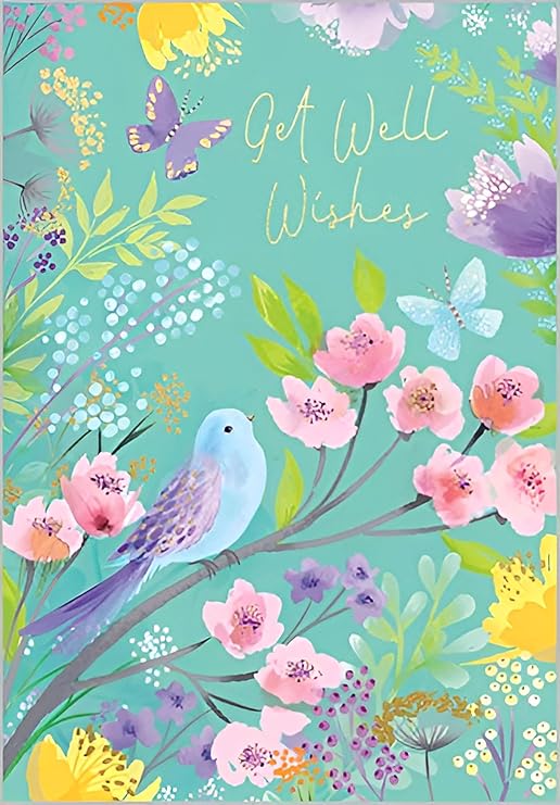 Artistic Female Get Well Soon Card (ABA-11700) - Bird on Blossom Branch - Pretty Foil Finish - Greeting Card for Her From Abacus Cards