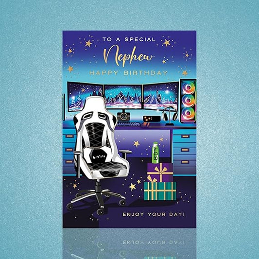 This Nephew Birthday Card - Gaming Setup Design Special Nephew Happy Birthday is a Birthday Card priced at £ 3.05 from Made To Be Treasured range. Produced by Words & Wishes for excellent quality