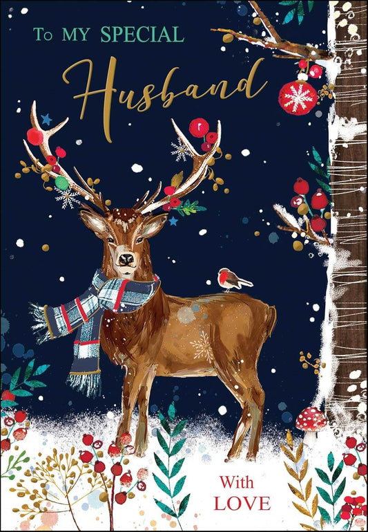 Special Husband Christmas Card – Festive Stag & Robin Winter Design Christmas – Husband Jonny Javelin Made To Be Treasured